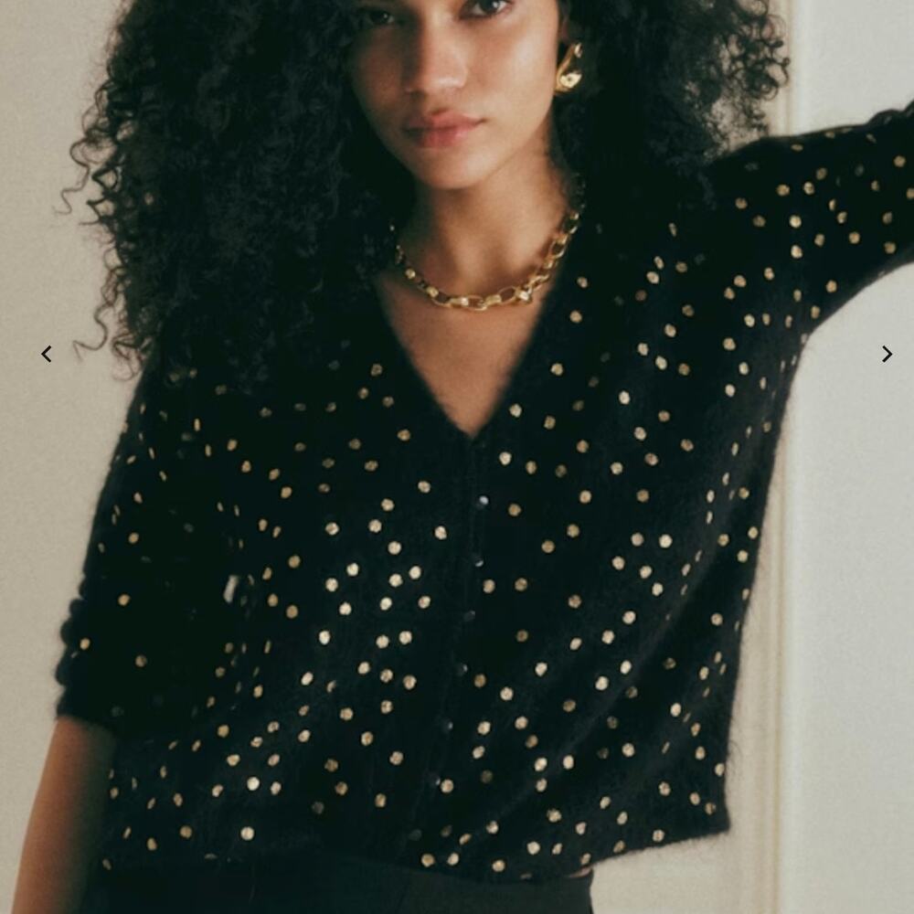 Sézane Lizy Cardigan Black with Gold Hearts - Polka Dots - Wool Kid Mohair - S